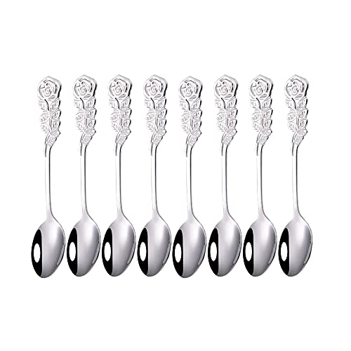 Wenkoni 5" Tea Spoons, Coffee Spoons, Sugar Spoons,Stirring Spoons,Creative Stainless Steel Rose handle spoons,8 pcs Set (Color:Silver).