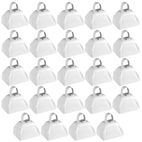 24 Pcs Metal Cowbell with Handle Cow Bells Noise Makers for Sporting Events Small Loud Noisemaker Cow Bell for Wedding Cheering Football Games 3 x 2.4 x 3 Inch(White)