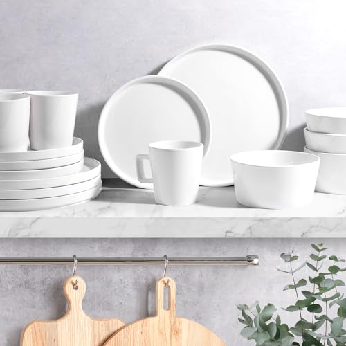 Image of Zulay Kitchen Terra Plates and Bowls Sets, 16 Piece Modern Stoneware Dish Set for 4, Chip and Scratch Resistant Ceramic Dinnerware Set, Microwave and Dishwasher Safe, White