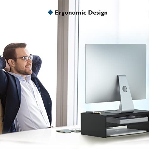 BONTEC Wooden Monitor Stand Riser, 2-Tier Desk Shelf with Storage Organizer, Ergonomic Computer Stand with Cable Management, Cellphone Holder, Black, 16.5 Inch by BONTEC - Image 5