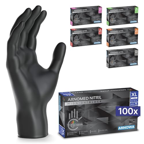 100x ARNOMED® Gants en nitrile taille XL Noir, Gants à usage unique pour chirurgie & laboratoire, Gants en nitrile sans poudre et sans latex, Moufles en...