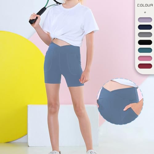 Girls Athletic Shorts Slim Tummy Control V Cross Waist Short Leggings Bike Volleyball Dance Gymnastics Shorts with Pockets4