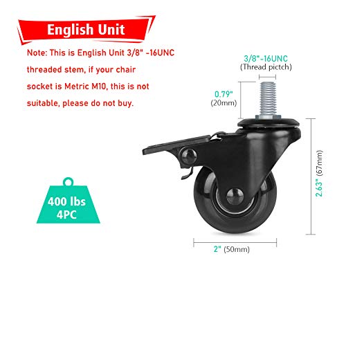 Hirate 2 Inch Swivel Caster 3/8"-16Unc Threaded Stem Casters(2 Casters With Brake, 2 Without),Lockable Bearing Casters For Furniture Pieces Industrial Trolley Carts #TOP2