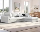 AMERLIFE 114 Inches Modular Sectional Couch, Feather Down Filled Sectional Couch, 4 Seats L Shaped Sofa with Chaise, Ottoman, Cloud Sofa for Living Room Apartment, White Linen