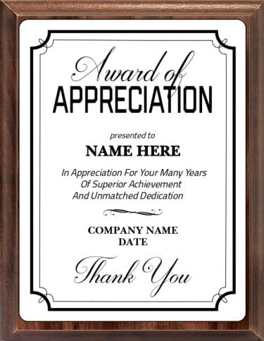 Crown Awards 7x9 Appreciation Predesigned Template Wood Plaque with White Metal Plate Prime