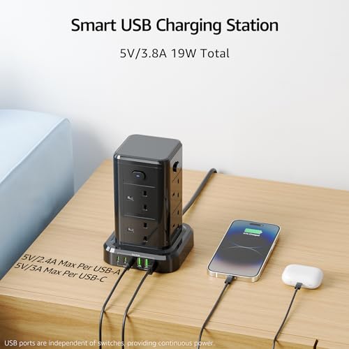 Tower Extension Lead With Usb C Slots, 8 Way Multi Plug Extension Tower With 6 Usb Ports, 13A 3250W Extension Cable With 4 Independent Control Switch, 1.8M Power Strip Tower For Home, Office, Kitchen - 2