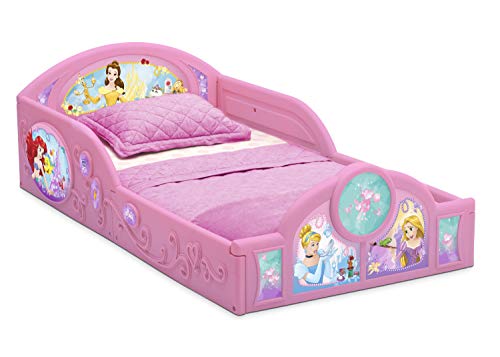 Delta Children Princess Sleep and Play Toddler Bed with Attached Guardrails | Features Colorful Graphics of Cinderella, Belle, Ariel and Rapunzel