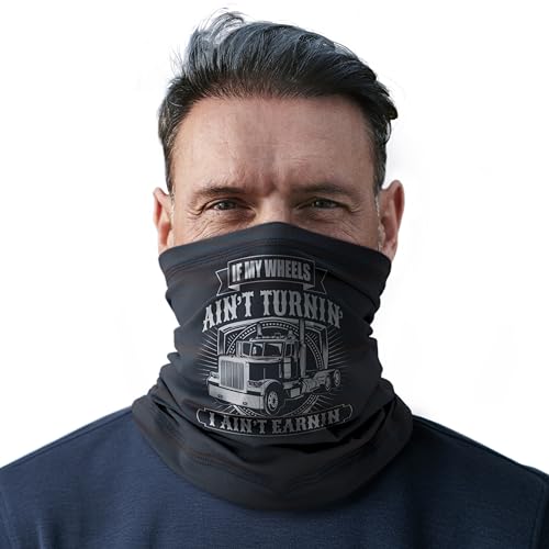 Black stretchy fabric tube worn as a neck gaiter with a printed trucker design