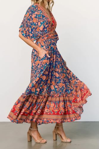 Image of R.Vivimos Women's Boho Floral Print Midi Dress with Pockets