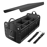HAOKAY Premium Car Trunk Organizer with Lid, Multi Compartments Collapsible Portable Car Trunk Storage Organizer, 3 compartments Cargo Storage with Straps. (3 COMPARTMANTS, BLACK)