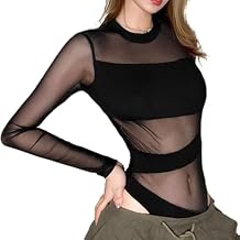 ZYTC Sheer Long Sleeve Tops for Women Black Mesh Bodysuit See-Through Lingerie Goth Clothes Bodycon High Neck Club Outfit