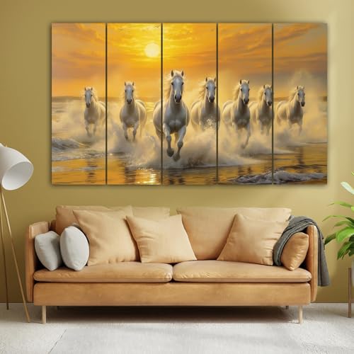 Image of Spacter 7 Horses Wall Painting for Living Room Big Size - 7 Running Horses Painting Vastu for Bedroom, Office, Hotel - Wall Decor Digital Painting Wooden Framed for Gifting (30x60 Inch)