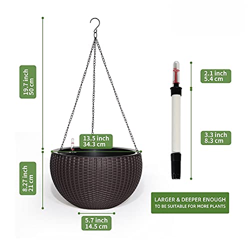 Dexceder 13.5 Inch Large Self Watering Hanging Planters Indoor Outdoor, Thickened Hanging Basket Flower Plant Pot With Water Level Indicator (Brown) #TOP2