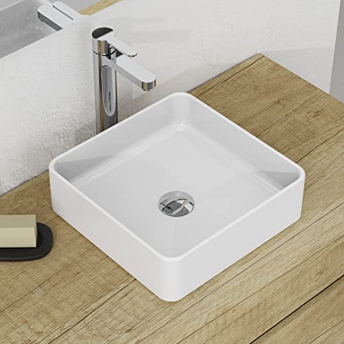 Miniatura 6 de Baikal, Lavabo Cerámico Sobre Encimera. Lavabo Redondo. Ideal Para Poner Sobre Encimera De Muebles De Baño Y Todo Tipo De Aseos. Lavabo Sin Orificio Para Grifo 35 Cm Blanco Cuadrado