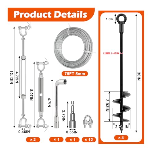 30" Ground Anchors Shed Anchors Kit with 3/16" 75FT Galvanized Cable & M6 304 Stainless Steel Turnbuckles, Heavy Duty Earth Anchors for Sheds Trees Trampoline Greenhouse Swing Set Tent, 4Pack Black by GrowGlow - Image 6