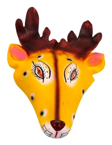Image of BookMyCostume Swarn Mrig (Deer) Rubber Mask - Yellow & Brown Hand-Painted Folk Mask with Antlers | Ramayana Character for Festivals, Plays & Decor