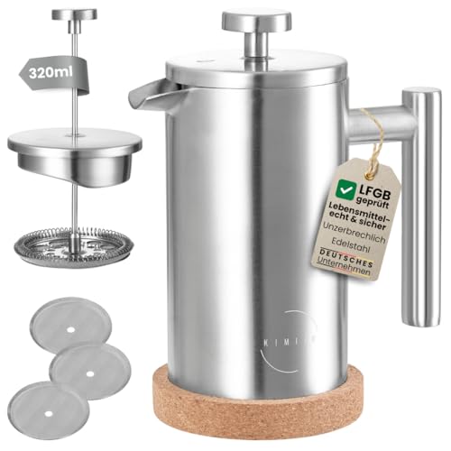 KIMIJO French Press Edelstahl 320ml I Thermo Kaffeebereiter isoliert I Doppelwandig incl. 3 Ersatzfilter & Korkuntersetzer I Spülmaschinenfest I Stempelkanne matt gebürstet 1