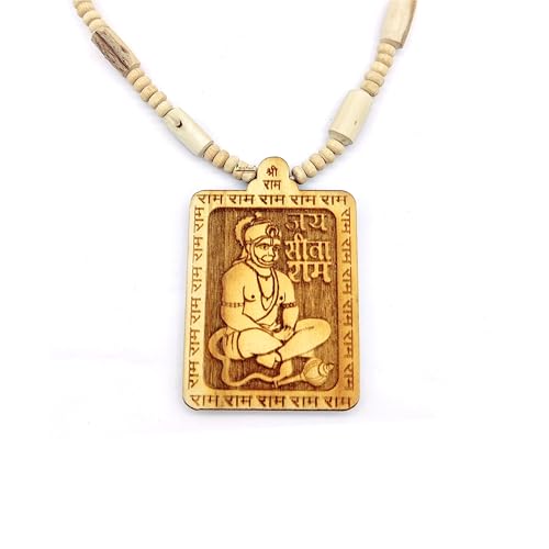 BRIJ HAAT Handmade Wooden Lord Hanuman Pendant with Tulsi Beads Mala Necklace, Indian Religious Jewelry (T2 hanuman)