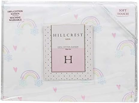 Hillcrest Rainbow Hearts Snowflakes Pastel Girls Full Double Bed Cotton Sheet Set Pink Purple Yellow Blue on a Winter White Background