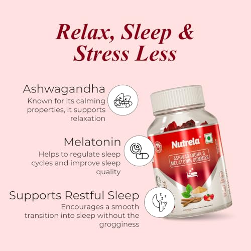Image of Nutrela Ashwagandha & Melatonin Sleep Gummies for Men & Women | 30 Strawberry-Flavored Gummies | Supports Restful Sleep & Stress Relief