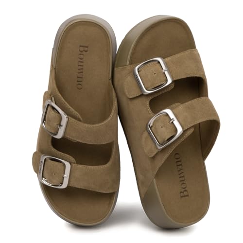 Image of Platform Sandals Women Genuine Leather Slip-on Beach Slide Buckle Comfortable Sandals with Memory Foam Soft Lining and Open Toe Low Wedges