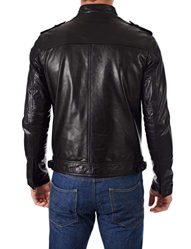 Image of 100% Leather Jacket for Men - Round Collar Slim Fit - Moto, Bomber, Biker Winter Casual Wear