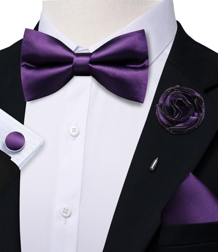 Image of Solid Color Bow Ties for Men Silk Pre-tied Tuxedo Bowtie Set 4PCS | Pre-tied in 3 seconds,adjustable 4PCS bow tie and pocket square cufflinks lapel pin set,wedding,formal,party,prom,graduation