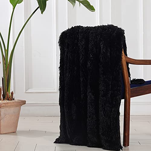Tuddrom Decorative Extra Soft Faux Fur Blanket Twin Size 70" x78",Reversible Fuzzy Lightweight Long Hair Shaggy Fleece Blanket,Fluffy Cozy Plush Comfy Microfiber Throw Blanket for Couch Sofa Bed,Black