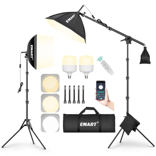 EMART softbox kit with 16-inch and 20-inch boxes plus an extending boom arm — set up for overhead product photography.