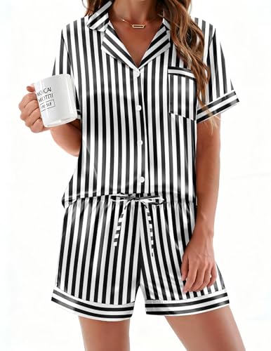 Ekouaer Silk Pajamas for Women Button Up 2 Piece Satin Pjs Shorts Set Black