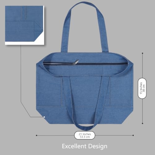 Image of TOPDesign 1-Pack Canvas Tote Bag with an External Pocket, Reusable Grocery Shopping Bag, Top Zipper Closure, Daily Essentials (Medium Blue Demim)