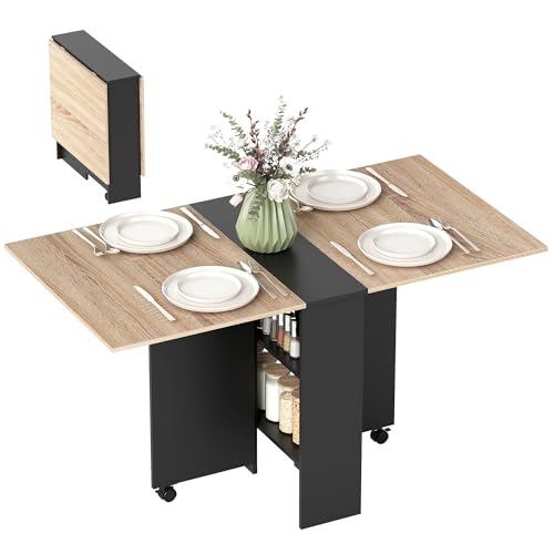 HOMCOM Mesa Plegable de Comedor Mesa de Cocina Plegable con Ruedas Alas Abatibles y Estantes para 4-6 Personas 75x140x74 cm Natural y Negro