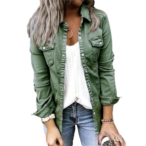 Womens Ruffle V Neck Button Down Denim Blouse Casual Long Sleeve Edge Distresse Jean Jacket Trendy Tops Shirt (US, Alpha, Large, Regular, Regular, Army Green)