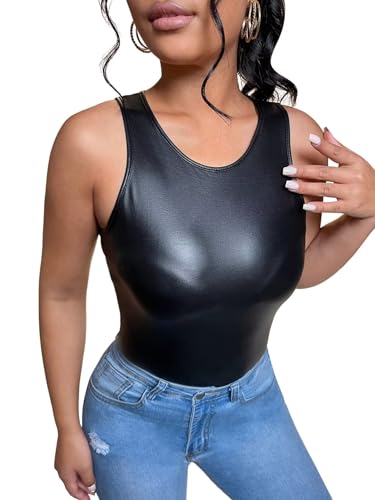 Women's PU Leather Round Neck Slim Fit Tank Top Vest