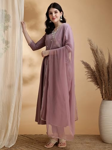 Image of NIVANA Womens Chinnon Angrakha Style Embroidered Anarkali Kurta with Pant and Dupatta | Solid Pattern A-Line Fit | Elegant V-Neck Kurta Set with 3 /4 Sleeves | Ethnic Festive and Wear Outfit