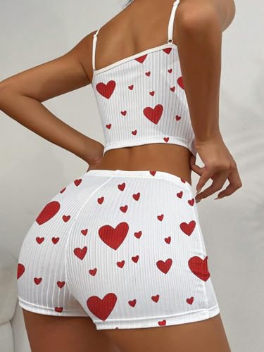 Image of Hilinker Womens Graphic 2 Piece Pajama Set Summer Cute Crop Cami and Shorts Ribbed Lounge Sets