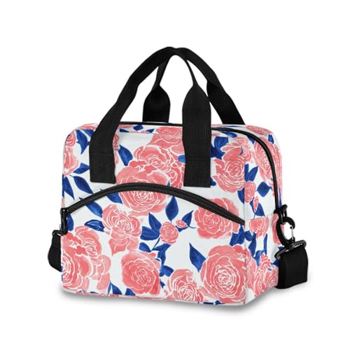 Sinestour Insulated Lunch Bag Reusable Cooler Rose Blue Leaves Lunch Box Adjustable Shoulder Strap for Adults Men Women
