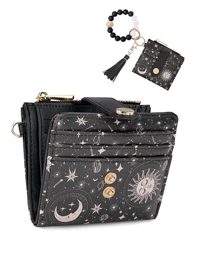 Image of Keychain Wallet Wristlet for Women,RFID Small Sun and Moon Wallet | Wallet Wristlet with Zipper Coin Pocket,Vegan Leather Card Wallets for Women, 2 ID Window,Gift