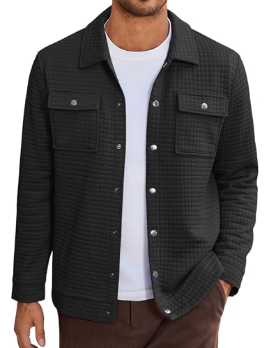 COOFANDY Men's Quilted Shirt Jacket Fashion Shacket Waffle Jackets Button Down Overshirts Casual Jacket Outerwear Black L