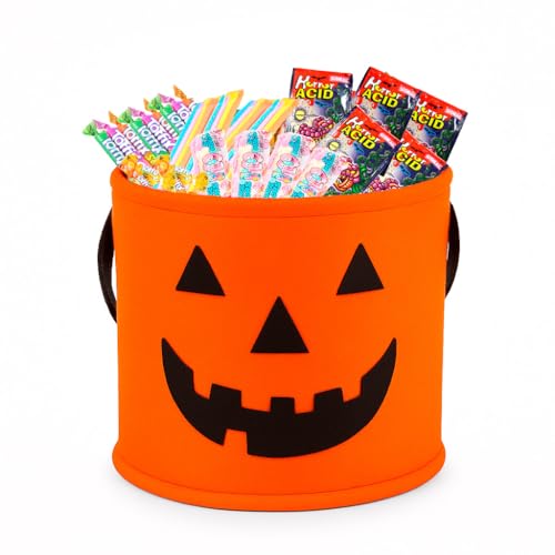 SIDRAL.Pack Halloween, Calabaza con 440 Golosinas Variadas, Caramelos masticables rellenos de frutas,10 esponjas de marsmallow, 120 Palitos masticables, 50 minicañas, 25 sobres HORROR. (RELLENA)