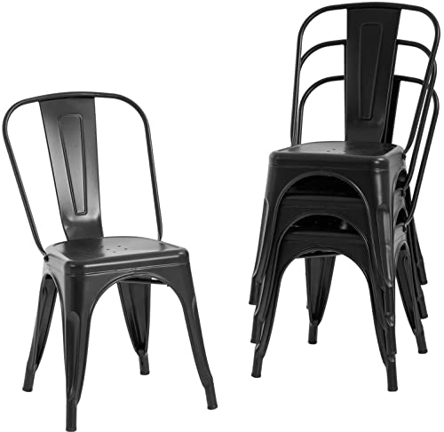 GrandCA HOME Lot de 4 Chaises de Salle à Manger Empilables en Métal, Chaises de Bar, pour Restaurant, Jardin, Bistro, Balcon, Noir
