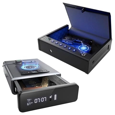 Grimtron Biometric Gun Safe Bundle: Handgun Safe with LCD Display & Quick Access + LED Clock Pistol Safe with Wireless Charging Cover