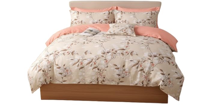 Floral Print Bedding Set with Pillow Covers, Peach & Beige | Reversible Design, Botanical Pattern, Includes Pillow Covers, Soft Fabric, Bedroom Decor-image-24