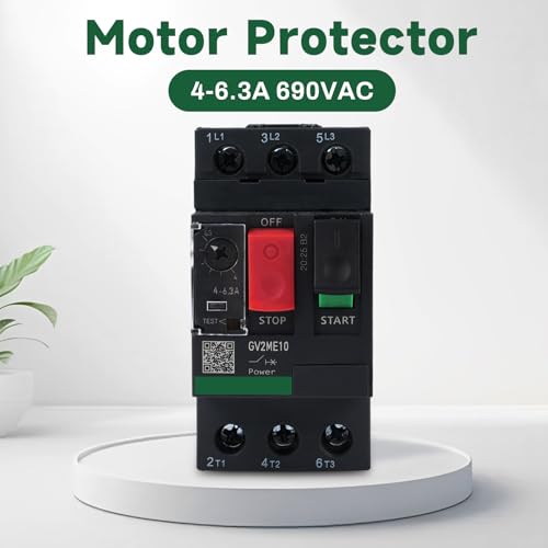 Motorschutzschalter 400V Motorleistungsschalter 690V 4-6.3A 3P Knopfsteuerungstyp Motorschutzschalter Bemessungsstoßspannung 6KV Schienenmontage (GV2ME10 Schwarz)
