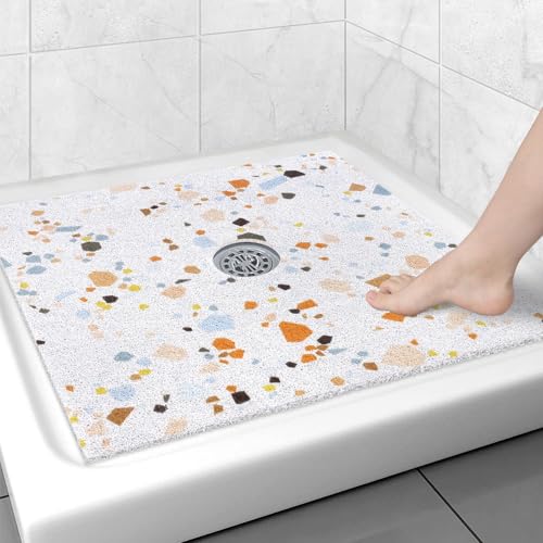 Image of Square Shower Mat Non Slip: 31x31 Inch Shower Floor Mat with Drain Hole in Middle, Super Soft and Comfortable PVC Loofah Massage Bath Mat for Shower, Anti Slip Shower Stall Mat, Quick Drying