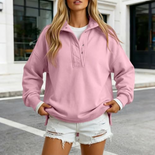 XINGJIAARTS Mock Neck Sweatshirt Women Stand Collar Soft Fleece Button Up Pullover Tops Loose Drop Shoulder Casual Outfits RD2 X-Large - image 2