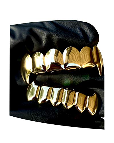 Shop-iGold 18k Gold Plated Cluster Custom Slugs Fangs Top Bottom Grillz Mouth Teeth Grills Set - Grillz, Teeth Cap