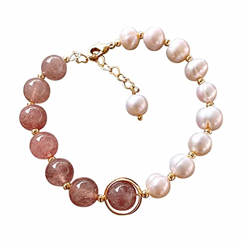 Pulsera de plata para mujer con perlas de agua dulce con cristal de fresa rosa, diseño de moda retro, pulseras de plata para mujer, talla única, Metal