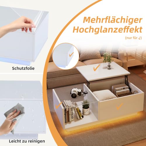 LED Couchtisch, Höhenverstellbarer Kaffeetisch mit Smart LED Beleuchtung & Verstecktem Stauraum, Hochglanz Wohnzimmer Tisch, 50x100x(33-46.5) cm, Weiß/Schwarz