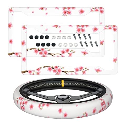 DTYYFBSN Beautiful Cherry Blossom License Plate Frames& Floral Steering Wheel Cover Cherry Blossom Car Accessories Aluminum Tag Frames Holder Auto US Vehicles Standard,2PCS Cover